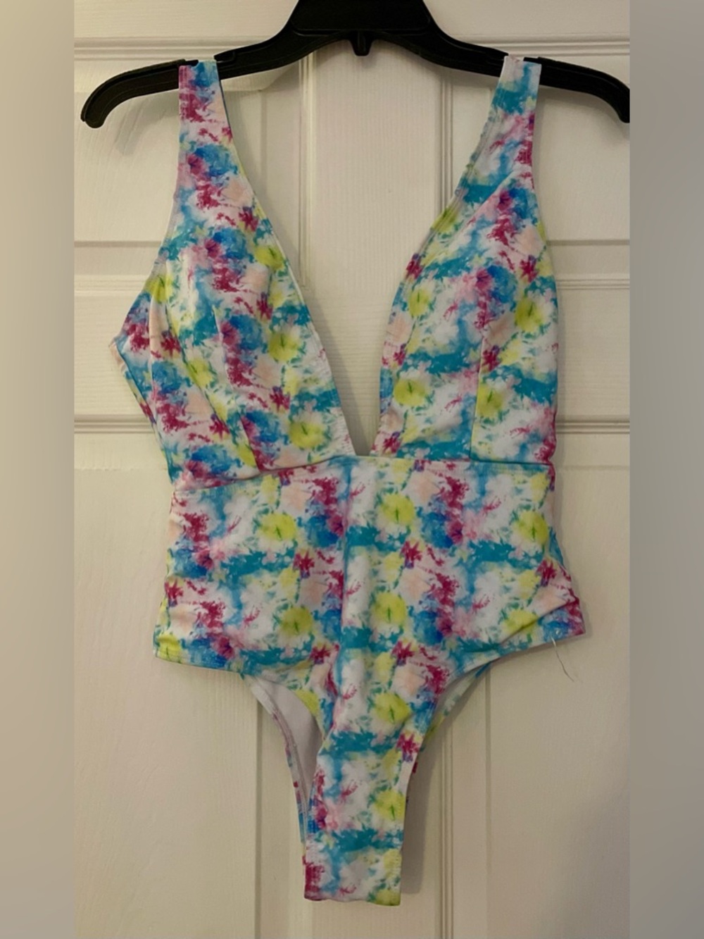 Plunge One-Piece Swimsuit in Tie-Dye Pastels